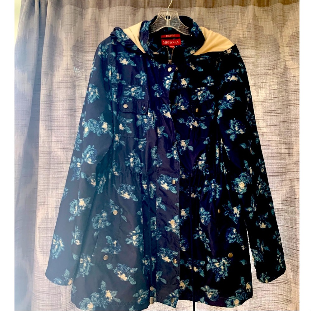 Merona Navy Floral Lined Rain Jacket Cinched Waist